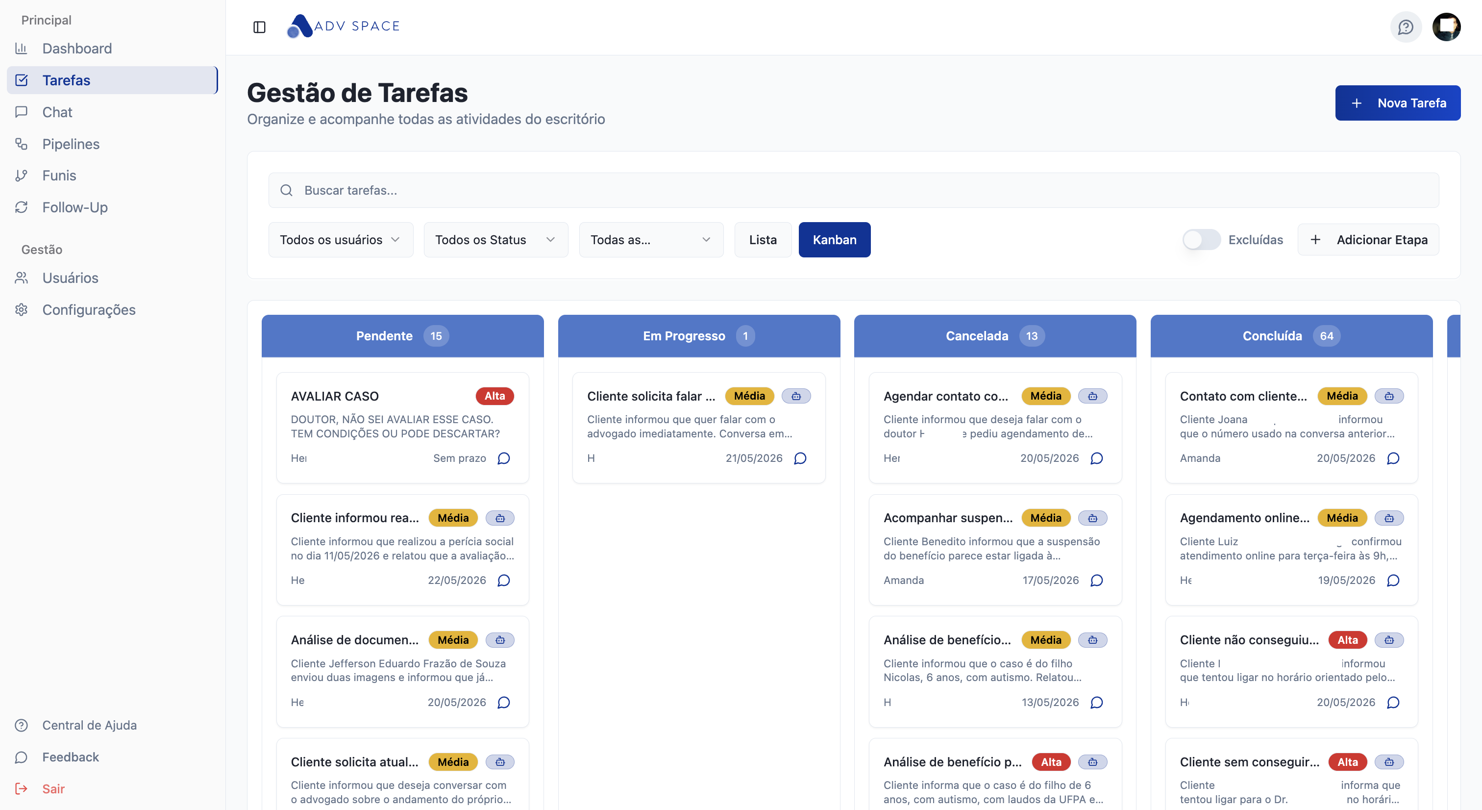 Kanban de tarefas do ADV Space