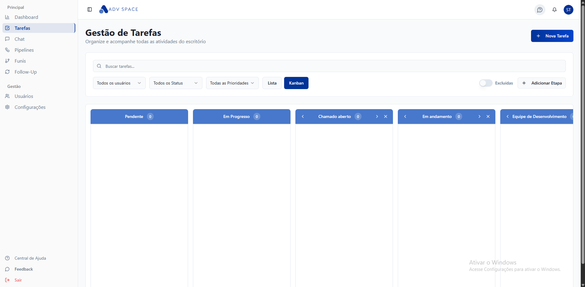 Kanban de tarefas do ADV Space